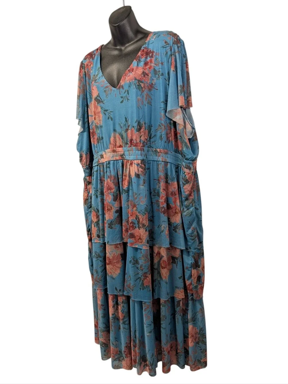 Maurices 4X Teal Blue Floral Tiered Maxi Dress Flutter Sleeve V-Neck Boho NWT - Picture 3 of 9